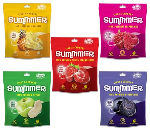 Summmer Gefriergetrocknete Beerenmix - 5er Pack - Erdbeeren, Himbeeren, Ananas, Blaubeeren & Äpfel - Ohne Zucker, 100% Natürlich, Leckerer Fruchtsnack für Kinder & Erwachsene (57g) von SUMMMER