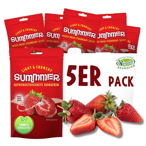 Summmer Gefriergetrocknete Erdbeeren - 5er Pack - Ohne Zucker, 100% Natürlich, Leckerer Knusper-Snack für Kinder & Erwachsene, Ideal für Müslis & Lunchboxen (55g) von SUMMMER