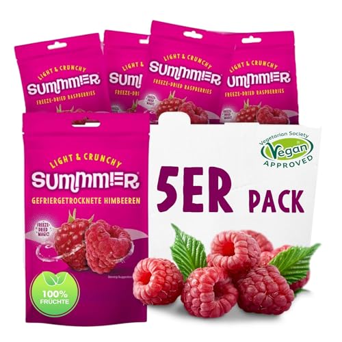 Summmer Gefriergetrocknete Himbeeren - 5er Pack - Ohne Zucker, 100% Natürlich, Knusprige Ganze Früchte, Perfekt für Snacks, Müslis & Smoothies (55g) von SUMMMER