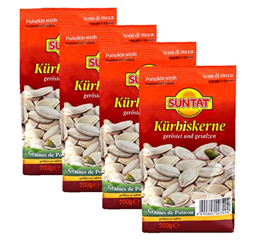 SUNTAT Kürbiskerne ungeschält geröstet & gesalzen 4er Pack (4 x 200 g Packung) von SUNTAT