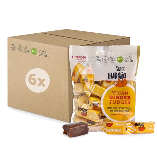 SUPER FUDGiO BIO Bonbons - Ingwer - Vegan und Glutenfrei - Organic Karamellbonbons ohne Palmöl - mit Bio Kokosmilch und Kokosnusszucker | 6x150g Multipack | Ingwer von SUPER FUDGiO