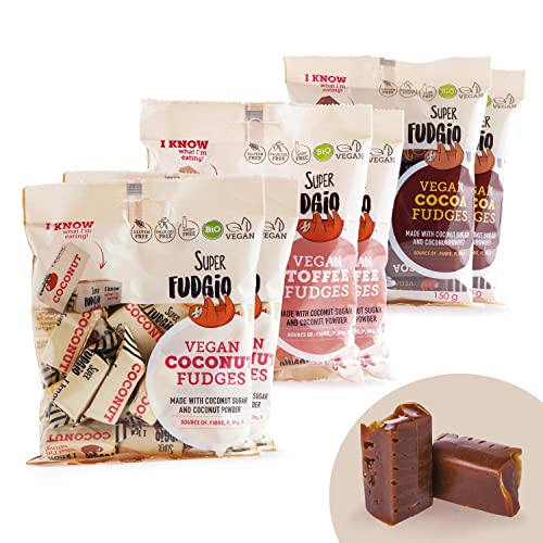 SUPER FUDGiO BIO Bonbons - Top Mix - Vegan und Glutenfrei - Organic Karamellbonbons ohne Palmöl - mit Bio-Kokosmilch und Kokosblütenzucker | 6 x 150g Multipack | 2x Kakao, 2x Kokosnuss, 2x Toffee von SUPER FUDGiO