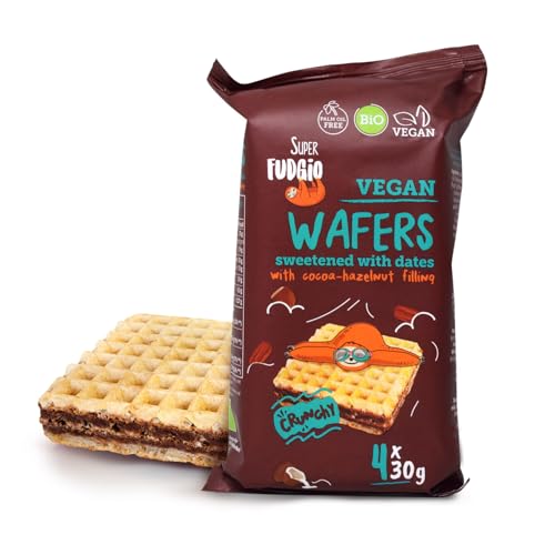 SUPER FUDGiO BIO Waffeln mit Kakao- und Haselnusscreme | Gesüßt mit Datteln statt Zucker | ohne Palmöl | Veganer Snack 4x30g (120g (1er Pack)) von SUPER FUDGiO