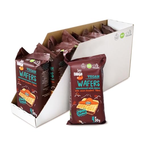 SUPER FUDGiO BIO Waffeln mit Kakao- und Haselnusscreme | Gesüßt mit Datteln statt Zucker | ohne Palmöl | Veganer Snack 4x30g (8er Pack) von SUPER FUDGiO