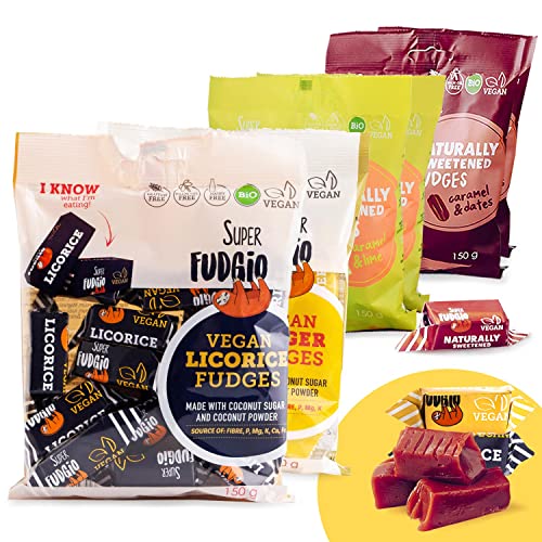 SUPER FUDGiO Organic Bonbons - Neuheiten Mix - Vegan und Glutenfrei - Bio Karamellbonbons ohne Palmöl | 6 x 150g | 2xDattel, 2xLimette, Ingwer, Lakritz SUPER FUDGiO Organic Bonbons - Neuheiten Mix - Vegan und Glutenfrei - Bio Karamellbonbons ohne Palmöl | 6 x 150g | 2xDattel, 2xLimette, Ingwer, Lakritz von SUPER FUDGiO