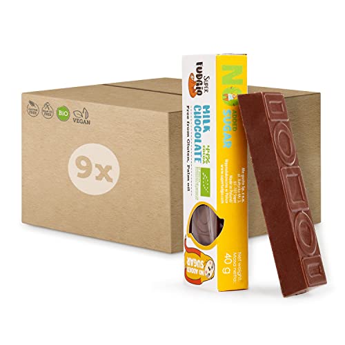 SUPER FUDGiO Organic Schokoriegel Set | BIO und zuckerfreie Süssigkeiten | Glutenfrei | Schokolade Snack ohne Zucker| Milchschokolade | 9-er Set von SUPER FUDGiO