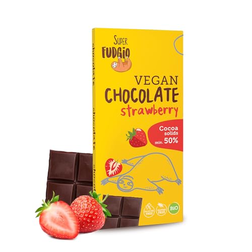 Super Fudgio Bio Vegane Erdbeerschokolade | Organic und Glutenfrei | Kakaomasse min. 50% | über Kokosnussmilch | 80g von SUPER FUDGiO