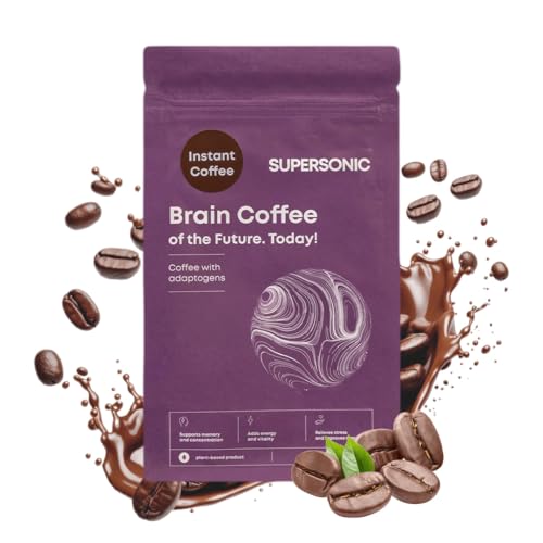 SUPERSONIC Brain Coffee - Kaffee mit Adaptogenen 180 g - Löslicher Kaffee Alternative mit Löwenmähne, Cordyceps Pulver, Cholin Extrakt, Ginkgo Biloba, Niacin - Nootropic Brain Booster von Supersonic