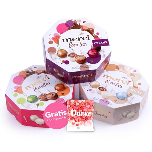 Merci Lovelies Classic, Creamy & White Set (3x185g) – Edle Pralinen in 9 verschiedenen Sorten wie weiße Mandel, Nougat Crunch oder Cappuccino Creme – Schokopralinen mit cremiger Füllung von SWEET BUDDIES