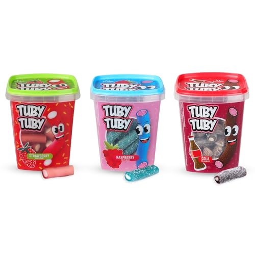 Tuby Tuby Candy 3er Set – Fruchtgummi mit Füllung, je 220 g Box – Himbeere, Erdbeere & Cola Geschmack – schmeckt wie Pico Balla – süßer Snack für Kinder, Partys & Candy Bars Tuby Tuby Candy 3er Set – Fruchtgummi mit Füllung, je 220 g Box – Himbeere, Erdbeere & Cola Geschmack – schmeckt wie Pico Balla – süßer Snack für Kinder, Partys & Candy Bars von SWEET BUDDIES
