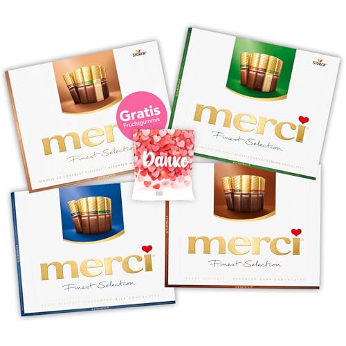 merci Finest Selection 4er Set (960g) – Helle Vielfalt, Herbe Vielfalt, Mandel Knusper Vielfalt & Mousse au Chocolat Vielfalt – 13 edle Schokoladen-Kompositionen für ganz besondere Genussmomente von SWEET BUDDIES