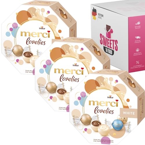 Merci Lovelies Schokolade - Perfekt als Geschenkset für Weihnachten, Ostern, Muttertag, oder Dankeschön - Feine Pralinen in verschiedenen Sorten (3 Stück, Merci Lovelies White) von SWEETS´N FOOD