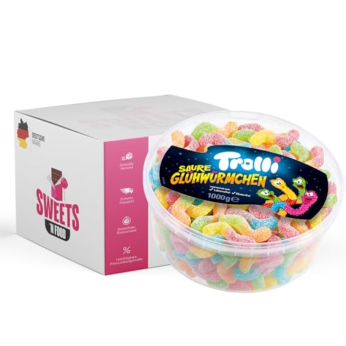 Trolli Saure Glühwürmchen - Explosiv-Saurer Geschmack, 1kg Wiederverschließbare Dose - Saure Würmer | Mit stylishem SWEETS´N FOOD Packband verpackt von SWEETS´N FOOD