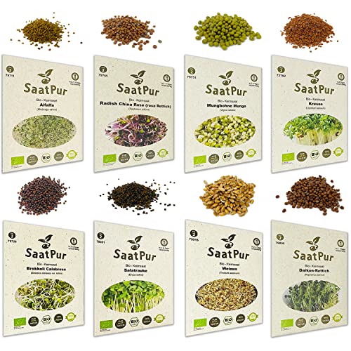 SaatPur Bio-Keimsprossen Sortiment (8 Sorten) Alfalfa, Brokkoli, Daikon Rettich, Kresse, Mungo Mungbohne, Radies, Rauke, Weizen von SaatPur