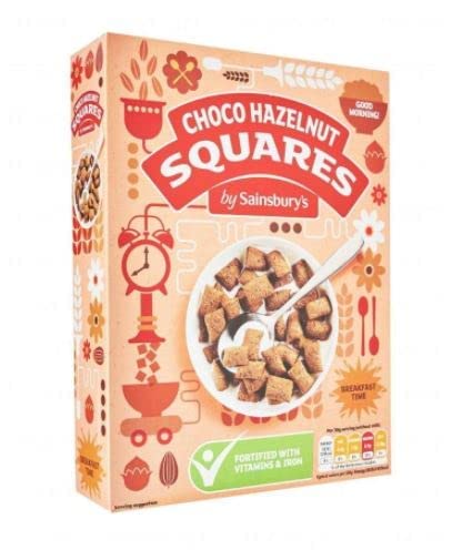 Sainsbury's Choco Hazelnut Squares Müsli 375 g – Knusprige Müslikissen mit Schokoladengeschmack und Haselnuss-Füllung, angereichert mit Vitaminen und Eisen von Sainsbury's