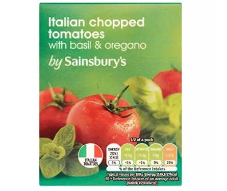 Sainsbury's Gehackte Tomaten mit Basilikum und Oregano 390 g – gehackte Tomaten in Tomatensaft mit Basilikum und Oregano. von Sainsbury's