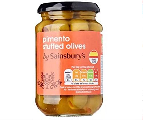 Sainsbury's Pimento-Oliven gefüllt, 350 g, grüne Manzanilla-Oliven gefüllt mit Piment-Paste in Salzlake. Sainsbury's Pimento-Oliven gefüllt, 350 g, grüne Manzanilla-Oliven gefüllt mit Piment-Paste in Salzlake. von Sainsbury's
