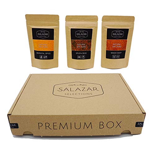 Salazar Dry Rubs Premium Box | 3 verschiedene BBQ Rub Grillgewürze | 275g | Würzmischungen für Marinade von Spare Ribs, Hähnchen, Fisch | Geschenkbox Salazar Dry Rubs Premium Box | 3 verschiedene BBQ Rub Grillgewürze | 275g | Würzmischungen für Marinade von Spare Ribs, Hähnchen, Fisch | Geschenkbox von Salazar