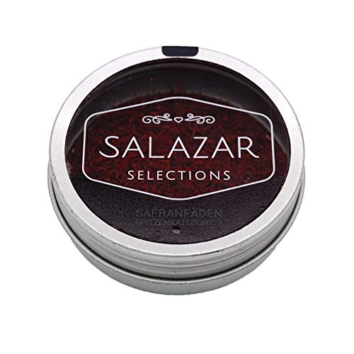 Safran Fäden 2g der Marke Salazar | 100% reine Safranfäden von höchster Qualitätsstufe Super Negin | verpackt in hochwertiger Dose (2 Gramm) von Salazar