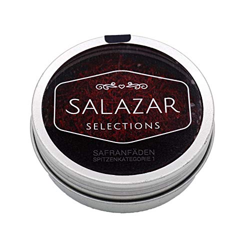 Safran Fäden 5g der Marke Salazar | 100% reine Safranfäden von höchster Qualitätsstufe Super Negin | verpackt in hochwertiger Dose (5 Gramm) von Salazar