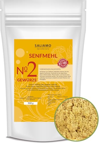 Saliamo | 900g Senfpulver, Senfmehl, gemahlen - scharfes Gelb - Senfkörner - teil entöltest Senfpulver - eignet sich zu Herstellung von Senf, 100% naturrein aus Senfkörnern gewonnen von Saliamo