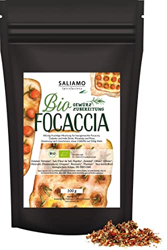 100g BIO Gewürzzubereitung für Focaccia, BIO Gewürz für ligurisches Fladenbrot, fruchtig-würzige Mischung für knusprige Flammkuchen, für Pizzateig und Pinsa| Saliamo von Saliamo