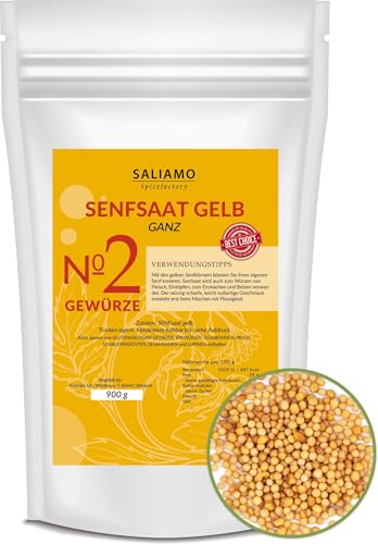 Saliamo | 900g Senfsaat, Senfsamen gelb, gelbe Senfkörner, zur Senfherstellung, Senföl, zum einlegen von Essig Gurken, als Grillgewürz für Fleisch, Fisch von Saliamo