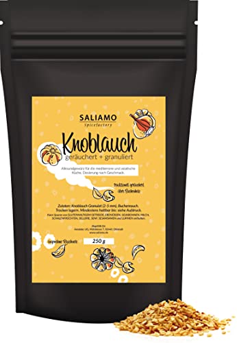 250g Knoblauch getrocknet und geräuchert mit Buchenholz, Knoblauchgranulat, für die mediterrane und asiatische Küche; Pizza, Pasta, Grillsaucen, Knoblauchbutter und Meeresfrüchte | Saliamo von Saliamo