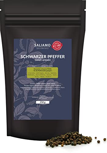 250g Schwarzer Pfeffer, ganze Körner, Pfeffer für die Pfeffermühle, Pfeffer ohne Zusätze, Allround-Gewürz, Gewürz Grundausstattung, Pfeffer für fast alle Gerichte; im praktischen Doypack | Saliamo von Saliamo