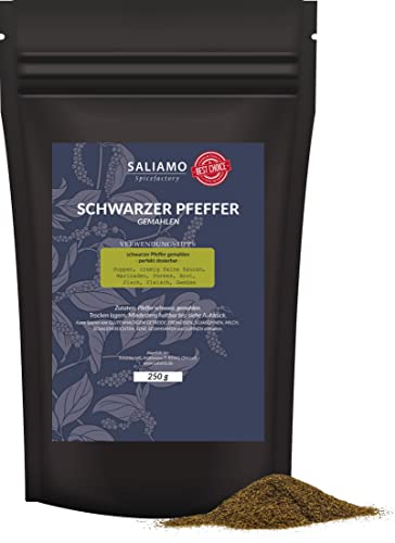 250g Schwarzer Pfeffer, gemahlen; Universalgewürz; feiner Pfeffer ohne Zusätze, Allround-Gewürz, fruchtig-scharfes Aroma, Gewürz Grundausstattung; im praktischen Doypack wiederverschließbar | Saliamo von Saliamo