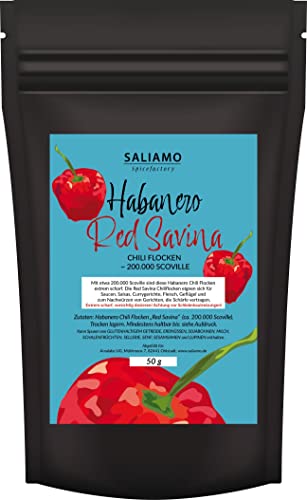 50g Habanero "Red Savina" Chili Flocken, Red Savina geschroten mit Saat, extrem scharf, intensives Chiliaroma, grobe Chilli Flakes mit schnell einsetzender Schärfe | Saliamo von Saliamo