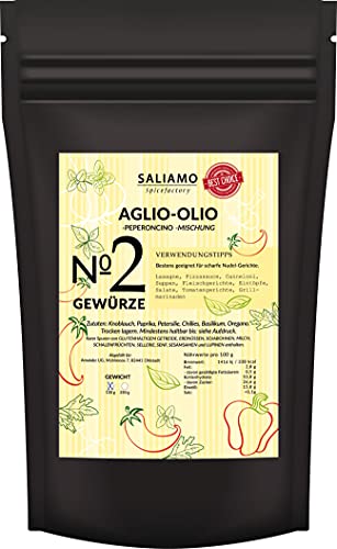 100g Aglio Olio e Peperoncino Gewürzmischung, grob scharf, Knoblauch, Spaghetti aglio e olio, Spaghettini mit Knoblauch, Öl und Peperoncino | Saliamo von Saliamo