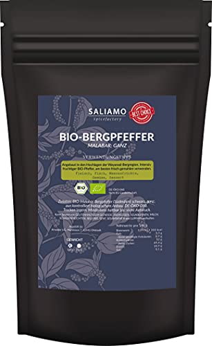 250g BIO-Bergpfeffer Malabar, Tigerpfeffer,Kerala aus Wayanad Hochland, intensives fruchtiges Malabararoma, ideal zu Fleisch, Fisch, Gemüse | Saliamo von Saliamo