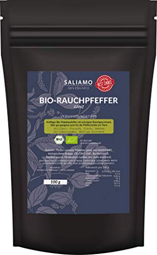 100g BIO-Rauchpfeffer Malabar ganz, in Hochlagen der Wyanad Bergregion(Kerala) angebaut, mit Buchenholz in Deutschland eine Woche lang bei max. 30°C über Buchenholz kalt geräuchert, | Saliamo von Saliamo