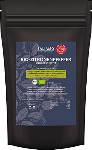 250g BIO Zitronenpfeffer grob geschrotet, weißer Bergpfeffer mit Zitronenschalenöl, Ideal zu Fisch, Salaten, Gemüse, fein abgestimmte Gewürzkomposition mit intensiven Aroma | Saliamo von Saliamo