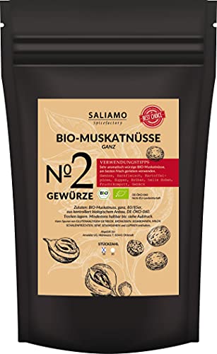 10 STK BIO Muskatnüsse, Muskatnuss ganz (10 Stk) -80/85- aus Indonesien, zu Kartoffelbrei, Rosenkohl oder Kartoffelgratin, exotisch scharfer Geschmack, für Soßen, Suppen, Eierspeisen von Saliamo