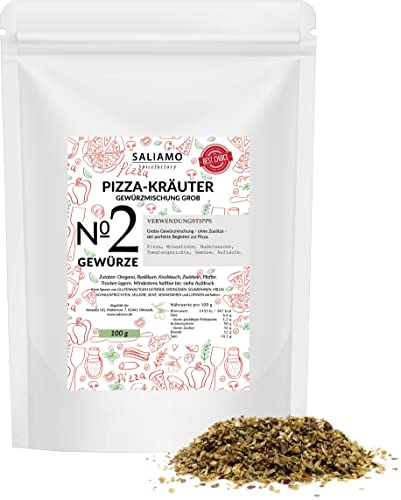 100g Pizzagewürz, Pizzagewürzmischung grob, Gewürzmischung mit Oregano, Basilikum, Knoblauch, Zwiebeln, Pfeffer, klassisches Pizzagewürz, Gewürzzubereitung von Saliamo