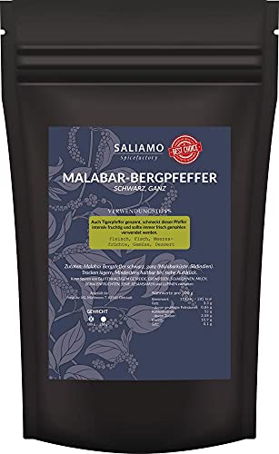 100g Schwarzer Malabar Pfeffer ganz, Bergpfeffer, Tigerpfeffer, aus Wayanad Hochland, intensives fruchtiges Malabararoma, zu Fleisch, Fisch, Gemüse | Saliamo von Saliamo