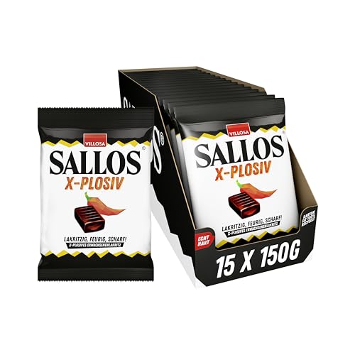 SALLOS X-plosiv Vorrats-Pack – scharfe Lakritz-Bonbons mit Chili-Extrakt, aus natürlichem Süßholzsaft, würzig-scharfe Lakritz-Kombination, vegan, im Vorrats-Pack, 15 x 150 g von SALLOS