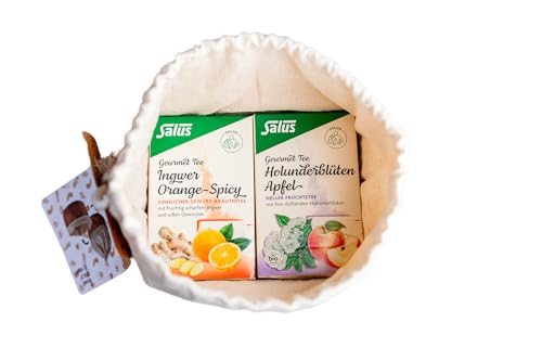 Salus - Geschenkset Gourmet Tees - 2 Packungen à 15 Beutel: 1x Tee Ingwer Orange + 1x Tee Holunderblüten Apfel - Früchte- und Gewürztee plus Brotkorb inklusive von Salus