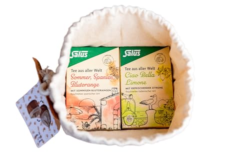 Salus - Geschenkset Tee aus aller Welt - 2 Packungen à 15 Beutel: 1x Tee Blutorange + 1x Tee Limone - Früchtetee plus Brotkorb inklusive von Salus