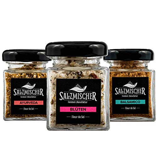 3x 35g Salzmischer Geschenkset im Glas Ayurveda Blüten und Balsamico Meersalz Salzmischung / Gewürzmischung Fleur de Sel de Guérande von Salzmischer