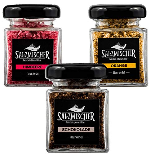 3x 35g Salzmischer Geschenkset im Glas Himbeer, Orange & Schokoladen Salz Salzmischung / Gewürzmischung Fleur de Sel de Guérande von Salzmischer