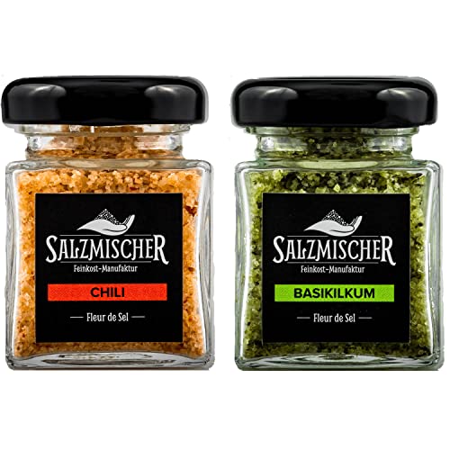 Edles Geschenkset mit 2x 35g Chilli und Basilikum Salz, Fleur de Sel Salzmischung die perfekte Geschenkidee (Set 1: Chilli, Basilikum) von Salzmischer