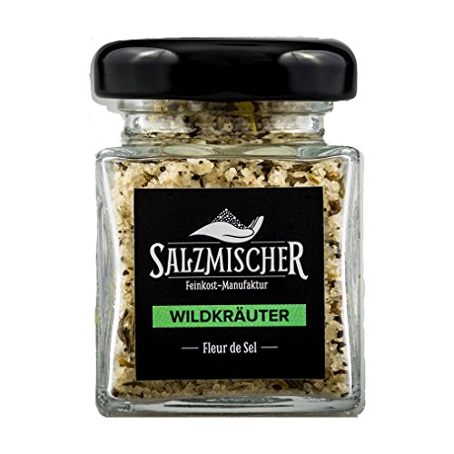 Salzmischer Salzmischung / Gewürzmischung 75g im Glas "Wildkräutersalz" (Fleur de Sel de Guérande mit Liebstöckel, Thymian, Bohnenkraut, Fenchel, Oregano, Selleriesaat, Estragon und Kornblumen) von Salzmischer