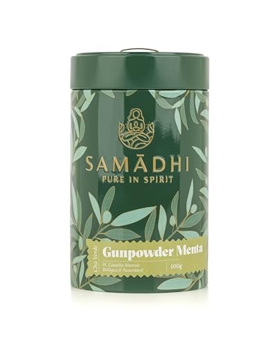 100% Bio-Grüntee - 100g Dose - Gunpowder mit Minze - Mildes, frisches Aroma - Teegehalt Stufe 5 - Gourmetprodukt aus Portugal von Samadhi