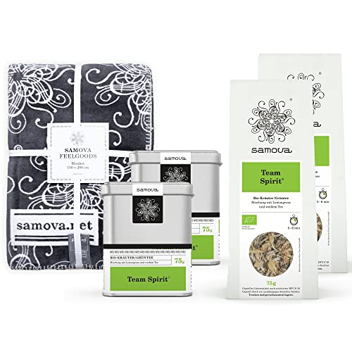 samova Team Spirit Bio 4er Teeset & Wohndecke - Grüntee, Kräutertee mit Lemongrass & Weißem Tee (4 x 75g + Accessoire) von Samova