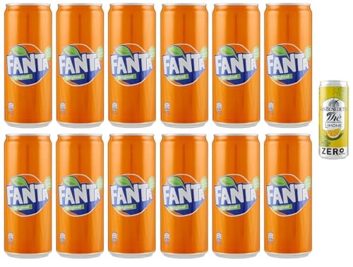 12er-Pack Fanta Original,Erfrischendes Alkoholfreies Getränk mit Orangensaft,Einweg-Dose 250ml + 1er-Pack Kostenlos San Benedetto Eistee mit Zitrone Ohne Zucker 330ml Dose von San Benedetto