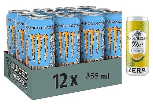 12er-Pack Monster Mango Loco Energy Drink,Erfrischender alkoholfreier Energiegetränk mit Exotischer Geschmack,355ml Einwegdose + 1er-Pack San Benedetto Eistee mit Zitrone Ohne Zucker 330ml Dose von San Benedetto