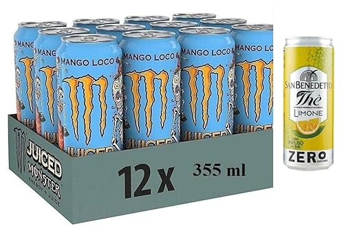 12er-Pack Monster Mango Loco Energy Drink,Erfrischender alkoholfreier Energiegetränk mit Exotischer Geschmack,355ml Einwegdose + 1er-Pack San Benedetto Eistee mit Zitrone Ohne Zucker 330ml Dose von San Benedetto